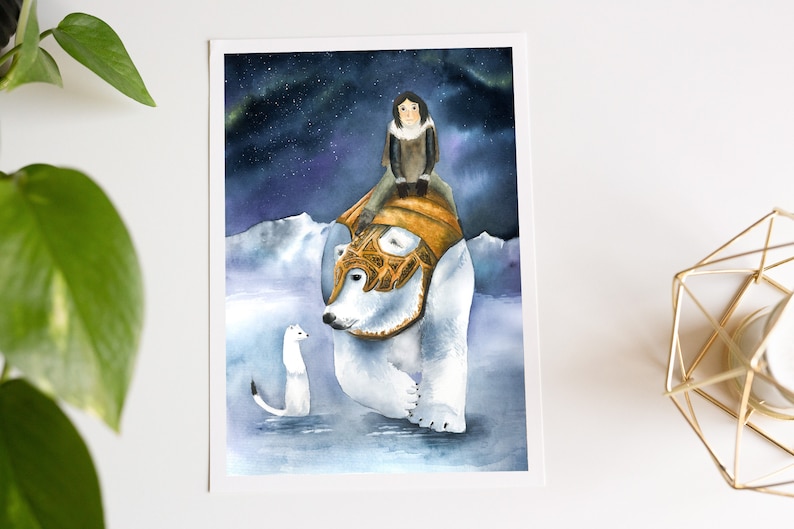 His dark materials inspired print, Iorek, Lyra and Pantalaimon, fantasy book watercolor illustration, northern lights painting image 9