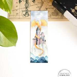 Castle Dragon printable bookmark, fairytale castle bookmark, fantasy illustration, castle on a hill,  whimsical watercolor book marker