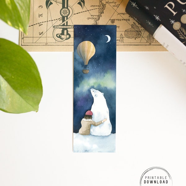 His dark materials printable bookmark, Lyra and Iorek watercolor bookmark, ballon, Northern lights, polar bear, bookish gift