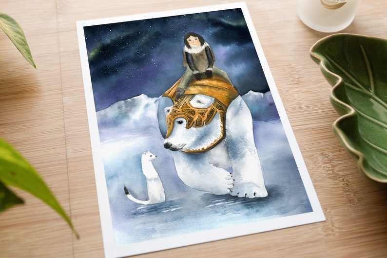 His dark materials inspired print, Iorek, Lyra and Pantalaimon, fantasy book watercolor illustration, northern lights painting image 5