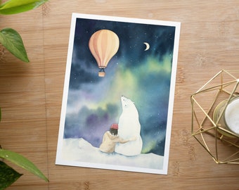 His dark materials inspired print: Lyra and Iorek, northern lights illustration