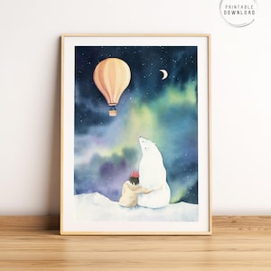 Arte mural imprimible inspirado en La materia oscura, Lyra y Iorek, acuarela con globos, auroras boreales, ilustración de fantasía, descarga digital