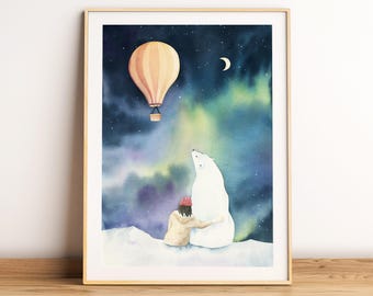 His Dark Materials Art: Lyra and Iorek, Northern Lights Watercolor (Digital Download)