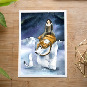 His dark materials inspired print, Iorek, Lyra and Pantalaimon, fantasy book watercolor illustration, northern lights painting image 6