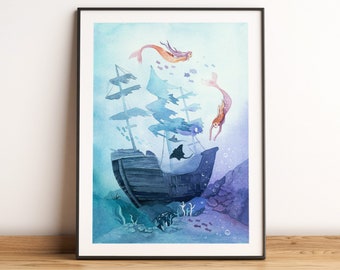 Mermaids fantasy wall art, shipwreck underwater watercolor illustration, magical ocean drawing, mermaid fairytale painting