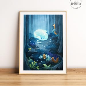 Sleeping dragon printable wall art, Fantasy watercolor illustration, Fairytale enchanted forest, Magical woodland animals digital print