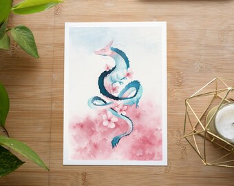 Dragon Print: Japanese mythical creature, Cherry Blossoms Watercolor wall Art