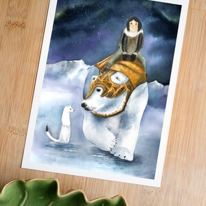 His dark materials inspired print, Iorek, Lyra and Pantalaimon, fantasy book watercolor illustration, northern lights painting image 4