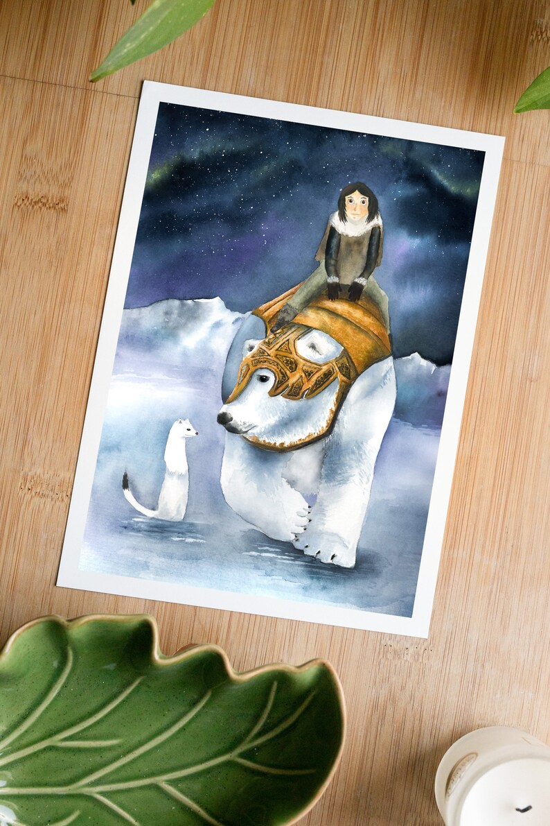 His dark materials inspired print, Iorek, Lyra and Pantalaimon, fantasy book watercolor illustration, northern lights painting image 4