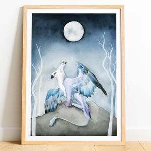 Griffin print, mythical creature watercolor art, Gryphon fantasy painting, Lion and eagle hybrid creature, Fairytale wall art