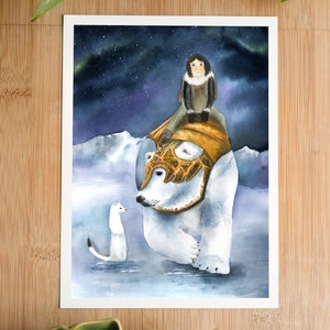 His dark materials inspired print, Iorek, Lyra and Pantalaimon, fantasy book watercolor illustration, northern lights painting image 3