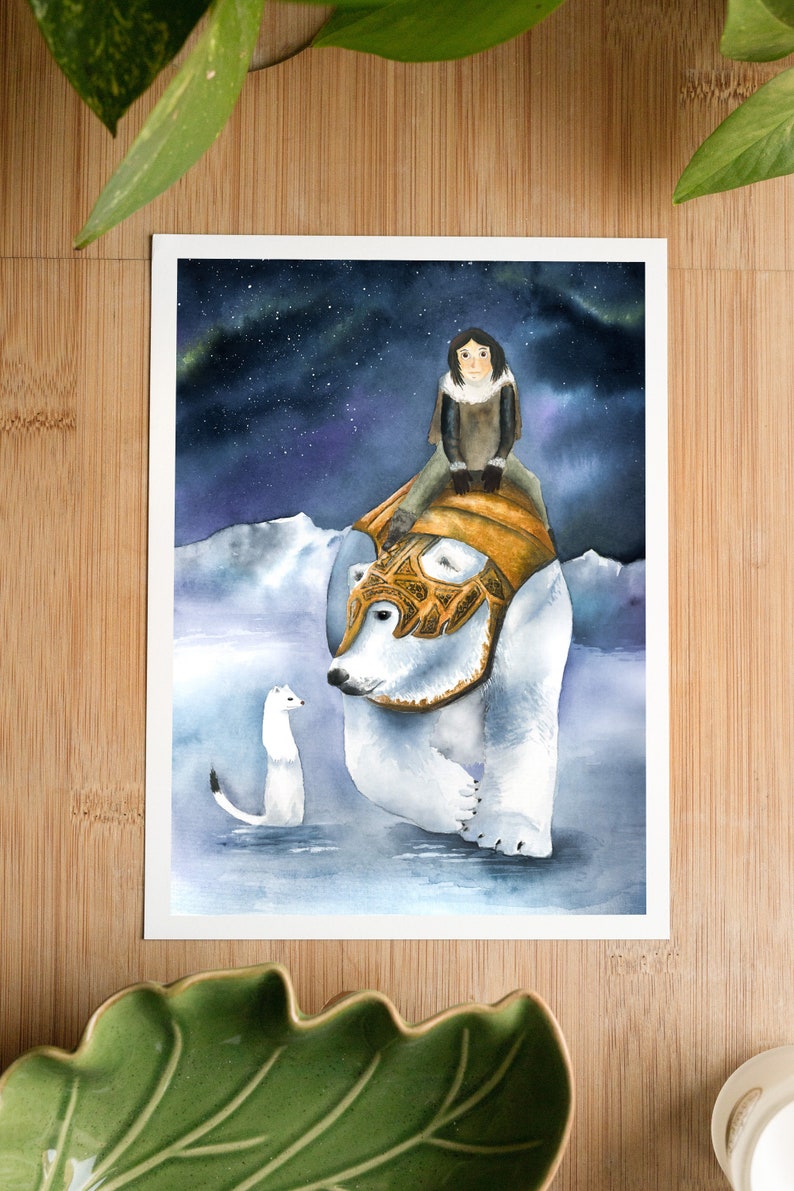 His dark materials inspired print, Iorek, Lyra and Pantalaimon, fantasy book watercolor illustration, northern lights painting image 3