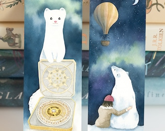 His dark materials bookmark prints, set of 2 bookmarks, Pan and Alethiometer, Lyra and Iorek,  Northern lights, golden compass