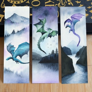 Dragon bookmarks, fantasy watercolor bookmarks, set of 3, magical fairytale illustrations, bookish gift, fantasy book lovers, dragons art