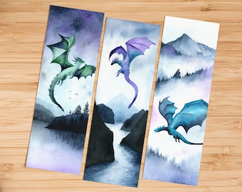 Aquarell Drachen Lesezeichen: Fantasy Kunstdrucke (Digitaler Download)