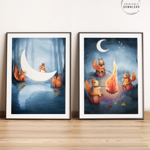 Squirrels set of 2 illustrations, printable watercolor paintings, children room decor, woodland animals, whimsical nursery wall art set