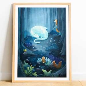 Slapende draakprint, fantasie aquarel kunst aan de muur, sprookjesachtig betoverd bos illustratie, magische bosdieren print