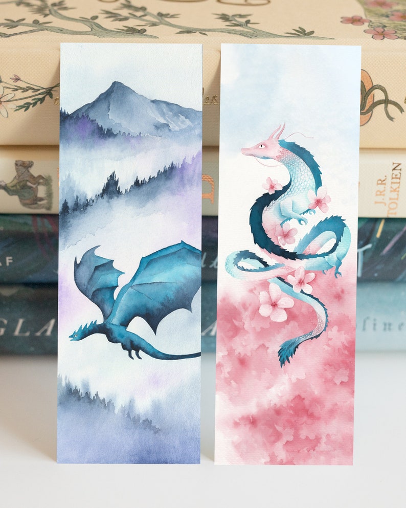 Dragon Bookmarks Fantasy Watercolor Bookmarks Set of 2 Etsy
