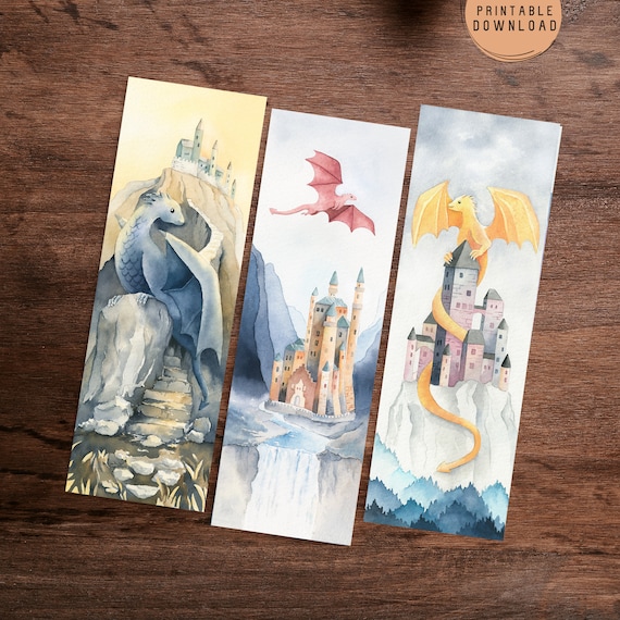 Watercolor Dragon Bookmarks: Fairytale Castle Art, Set of 3 (Digital Download)