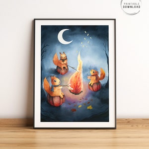 Squirrels having a campfire, bonfire printable watercolor wall art, roasting marshmallows illustration, kids room decor, woodland animals