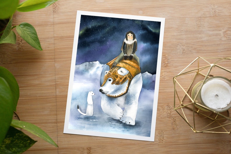 His dark materials inspired print, Iorek, Lyra and Pantalaimon, fantasy book watercolor illustration, northern lights painting image 7