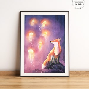Fox and glowing jellyfish, fantasy printable illustration, Fairytale forest watercolor painting,  whimsical magical woodland wall art