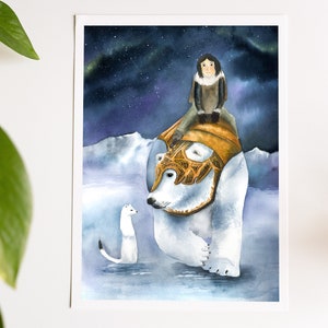 His dark materials inspired print, Iorek, Lyra and Pantalaimon, fantasy book watercolor illustration, northern lights painting image 10