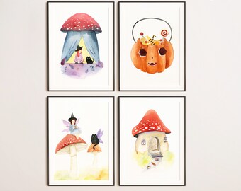 Halloween set of 4, printable downloads bundle, Witchy magical illustrations, Pumpkin art, Mushroom painting, Cottagecore aesthetic