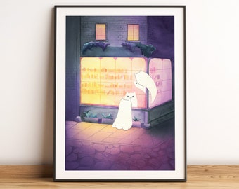 Halloween bookshop, Cat ghosts digital print, Witchy magical illustration, Whimsical night art, Watercolor halloween wall art