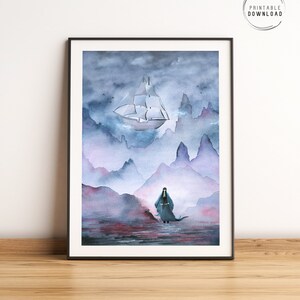 Samurai watercolor printable wall art, Fantasy mountains illustration, Whimsical chinese landscape, asian inspired art