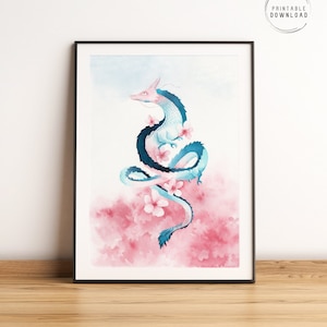 Dragon printable wall art, fantasy artwork, ryu japanese dragon, cherry blossoms watercolor illustration