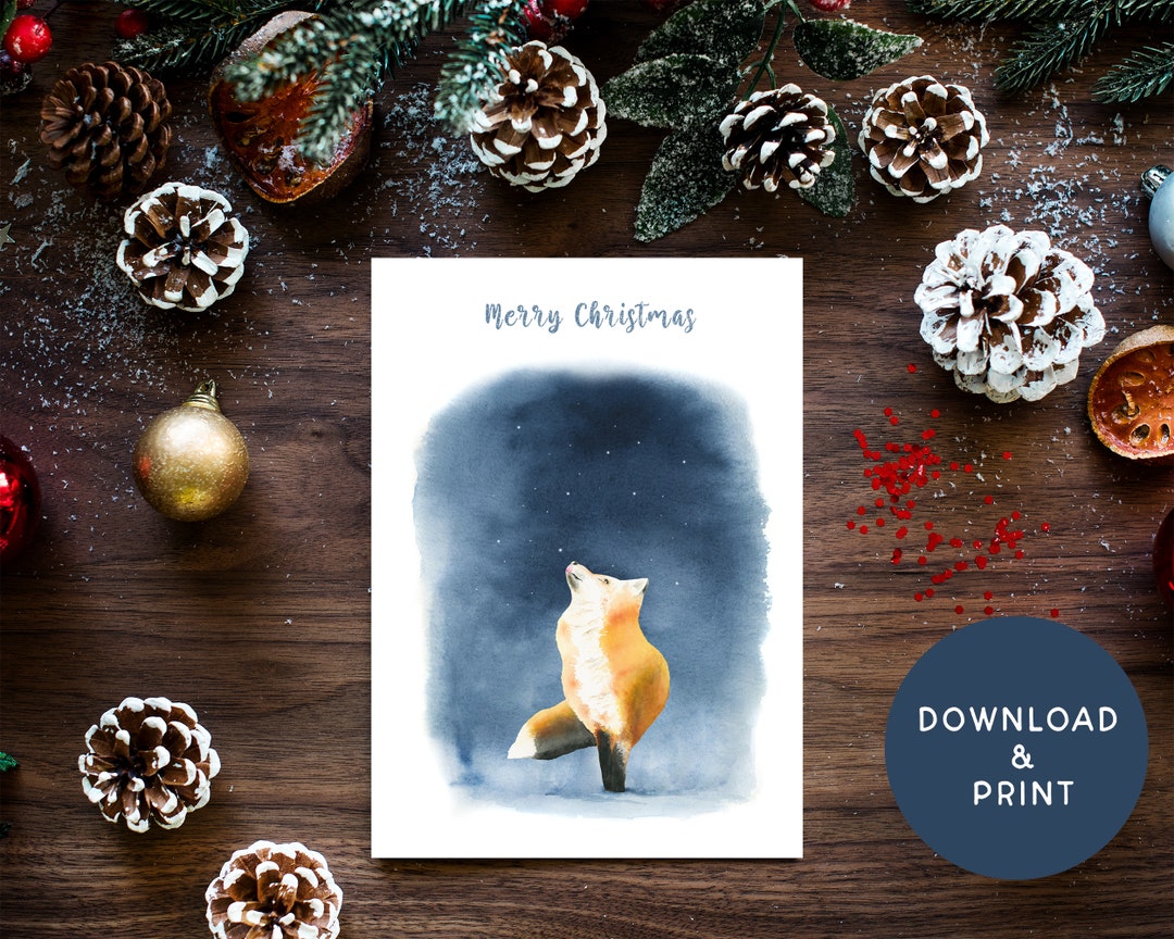 Christmas Greeting Card Printable Fox Holiday Card Instant - Etsy