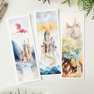 Bladwijzers draken, set van 3 fantasieboekenleggers, kasteelaquarelillustraties, magische sprookjeskunstafdrukken, voor liefhebbers van fantasieboeken