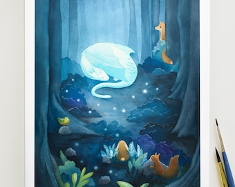Dragon print: whimsical watercolor wall art, Enchanted Forest, fairytale nursery illustration