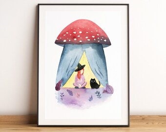 Mushroom camping, Witch and cat familiar printable wall art, Magical fairytale painting, Cottagecore illustration, Halloween black cat