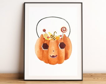 Jack'O' Lantern, Halloween printable wall art, Carved pumpkin with candy, trick or treat, cottagecore watercolor art, Halloween gift