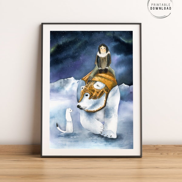 His dark materials inspired printable wall art | Iorek, Lyra and Pantalaimon - watercolor painting - digital download