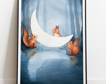 Squirrels in a magical forest, watercolor print, fantasy children illustration, kids room decor, fairytale woodland animals wall art