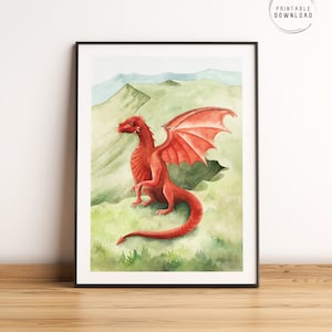 Welsh dragon printable wall art, Wales red dragon watercolor illustration, celtic mythology creature, Brecon beacons landscape