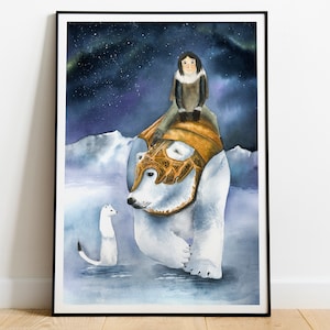 His dark materials inspired print, Iorek, Lyra and Pantalaimon, fantasy book watercolor illustration, northern lights painting image 1