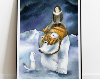 His dark materials inspired print, Iorek, Lyra and Pantalaimon, fantasy book watercolor illustration, northern lights painting