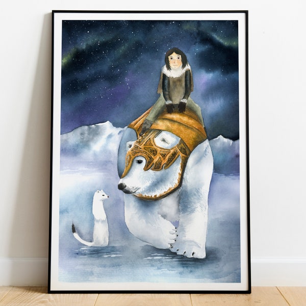 His dark materials inspired print, Iorek, Lyra and Pantalaimon, fantasy book watercolor illustration, northern lights painting