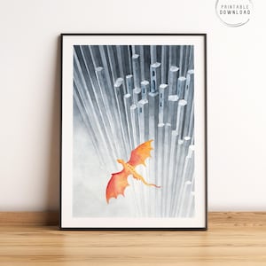 Puede incluir: Impresión en acuarela de un dragón naranja volando sobre una ciudad de altas estructuras grises. La obra está enmarcada en negro e incluye el texto "PRINTABLE DOWNLOAD" en un círculo.