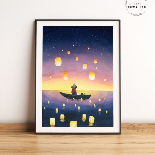 Mid autumn festival lanterns, Witch and her familiar cat printable wall art, Fairytale watercolor illustration,  Magical watercolor painting