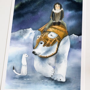 His dark materials inspired print, Iorek, Lyra and Pantalaimon, fantasy book watercolor illustration, northern lights painting image 8