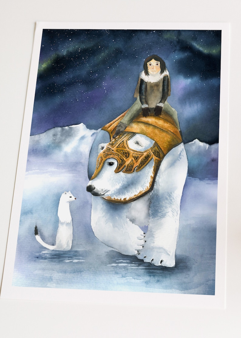 His dark materials inspired print, Iorek, Lyra and Pantalaimon, fantasy book watercolor illustration, northern lights painting image 8