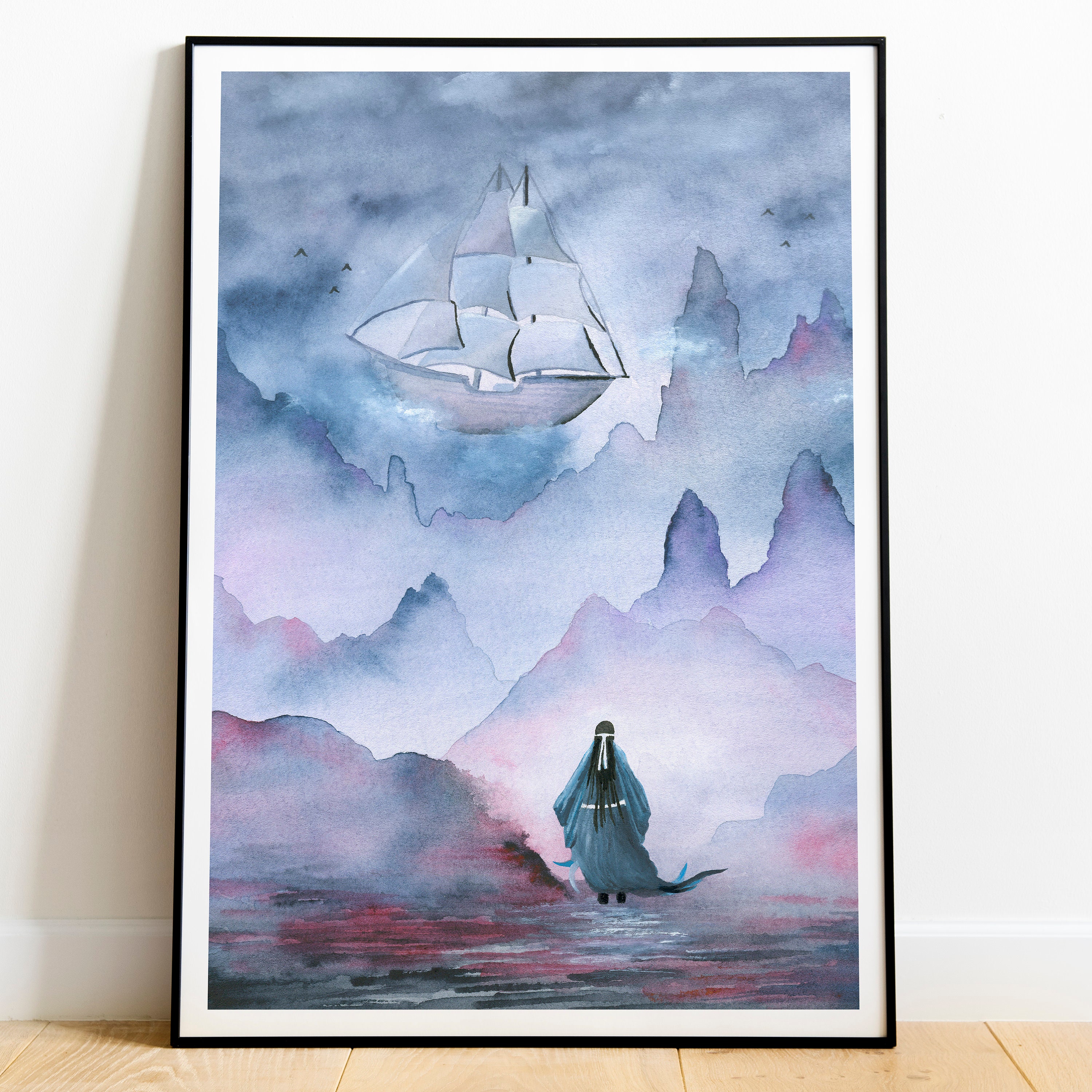 Fantasy watercolor print, Samurai and mysterious mountains illustration, Whimsical chinese landscape, asian inspired art