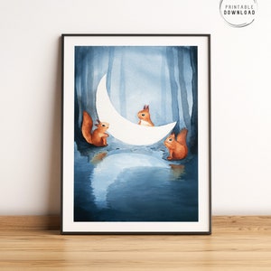 Ardillas en un bosque mágico, arte mural de acuarela imprimible, ilustración de fantasía, decoración de habitación infantil, animales del bosque de cuentos de hadas