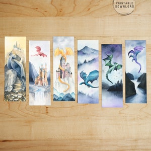 Dragon bookmarks, set of 6 printable fantasy downloads, fairytale watercolor bookmarks, dragons and castles, magical landscape, bookish gift