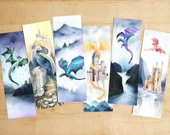 Aquarell Drachen Lesezeichen: Fantasy Schloss Kunstdrucke, 6er Set (Digitaler Download)